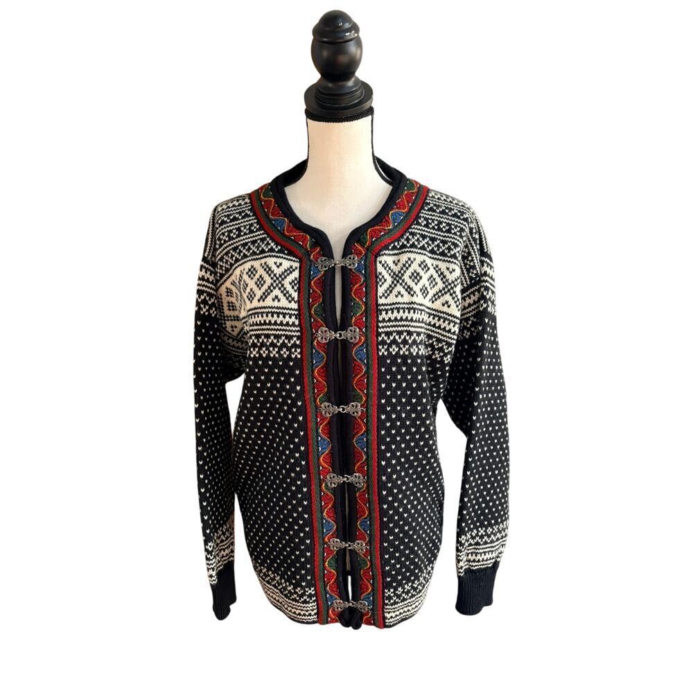 Dale of Norway Men’s Wool Cardigan Sweater Nordic Fair Isle Black White Red M